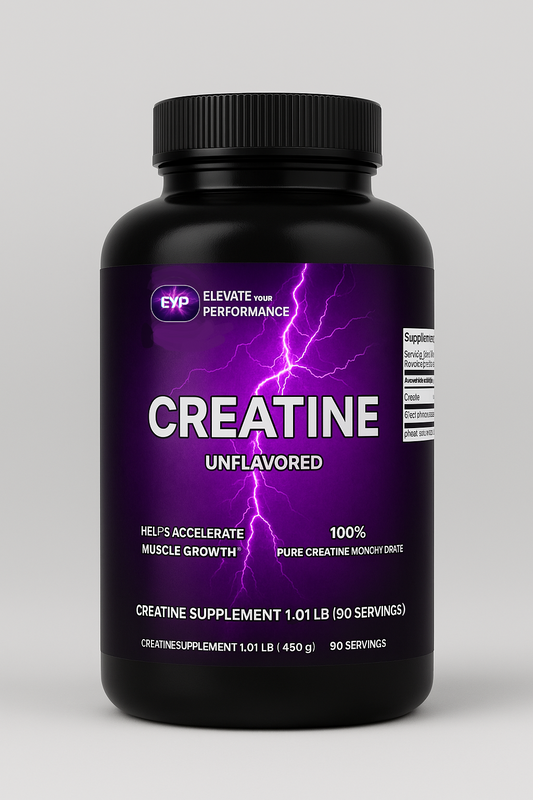 A black bottle labeled 'Creatine Unflavored' with purple and pink text, indicating it is a creatine supplement for muscle growth and performance, containing 450g of creatine monohydrate.